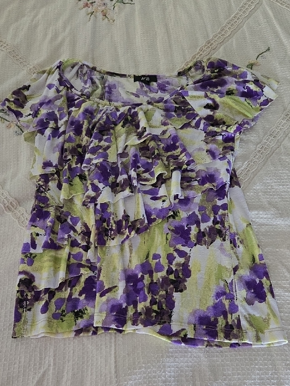 Floral Ruffle Short Sleeve Top in Purple and Green